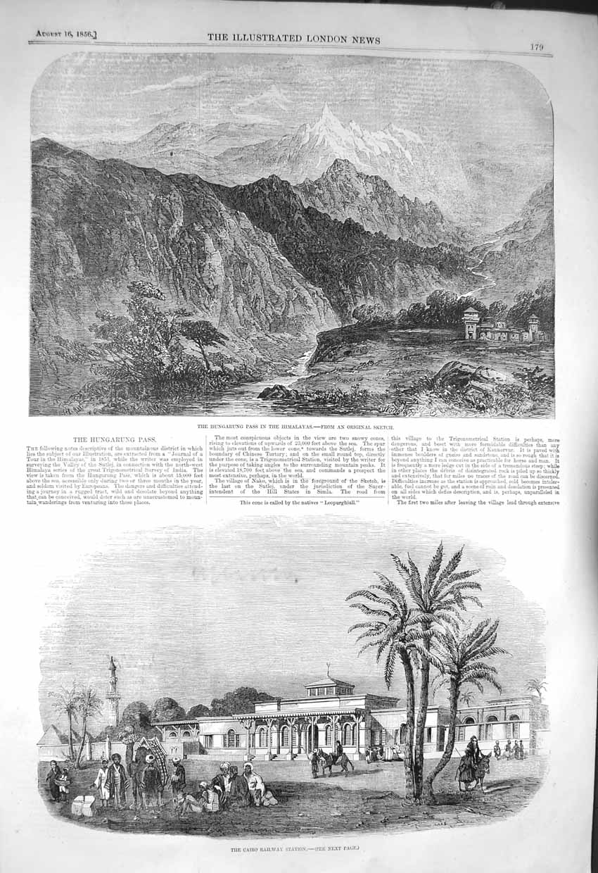 Original Old Antique Print 1856 Hungarung Pass Himalayas Cairo Railway Station