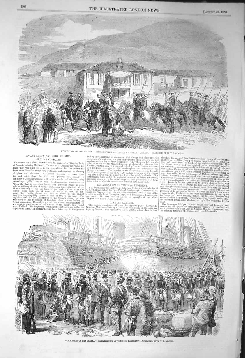 Original Old Antique Print 1856 Evacuation Crimea Cossacks Kadikoi War Ships