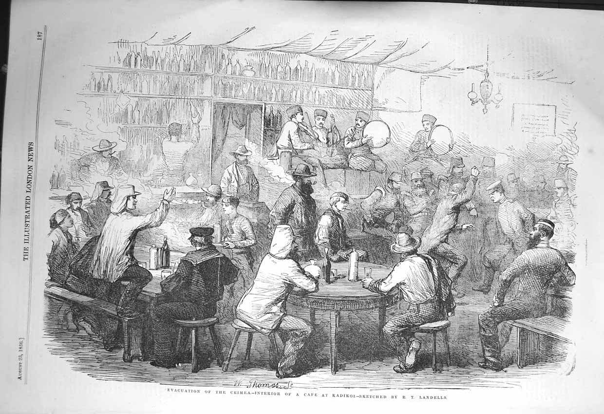 Old Antique Print 1856 Evacuation Crimea Interior CafÇ Kadikoi Music Men 19th