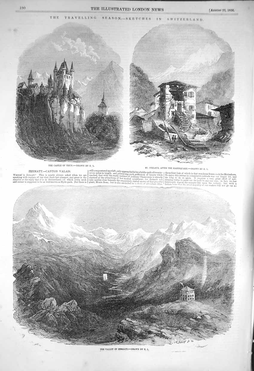 Old Antique Print 1856 Castle Thun Switzerland Niklaus Zermatt Matterhorn 19th