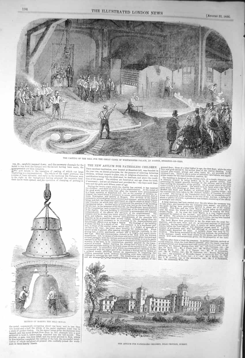 Old Antique Print 1856 Bell Clock Westminster Palace Norton Asylum Surrey 19th
