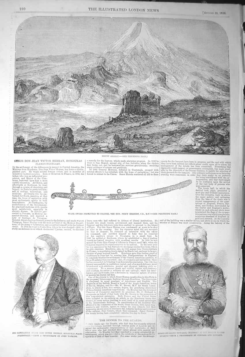 Original Old Antique Print 1856 Mount Ararat Senor Don Victor Herran Victorian