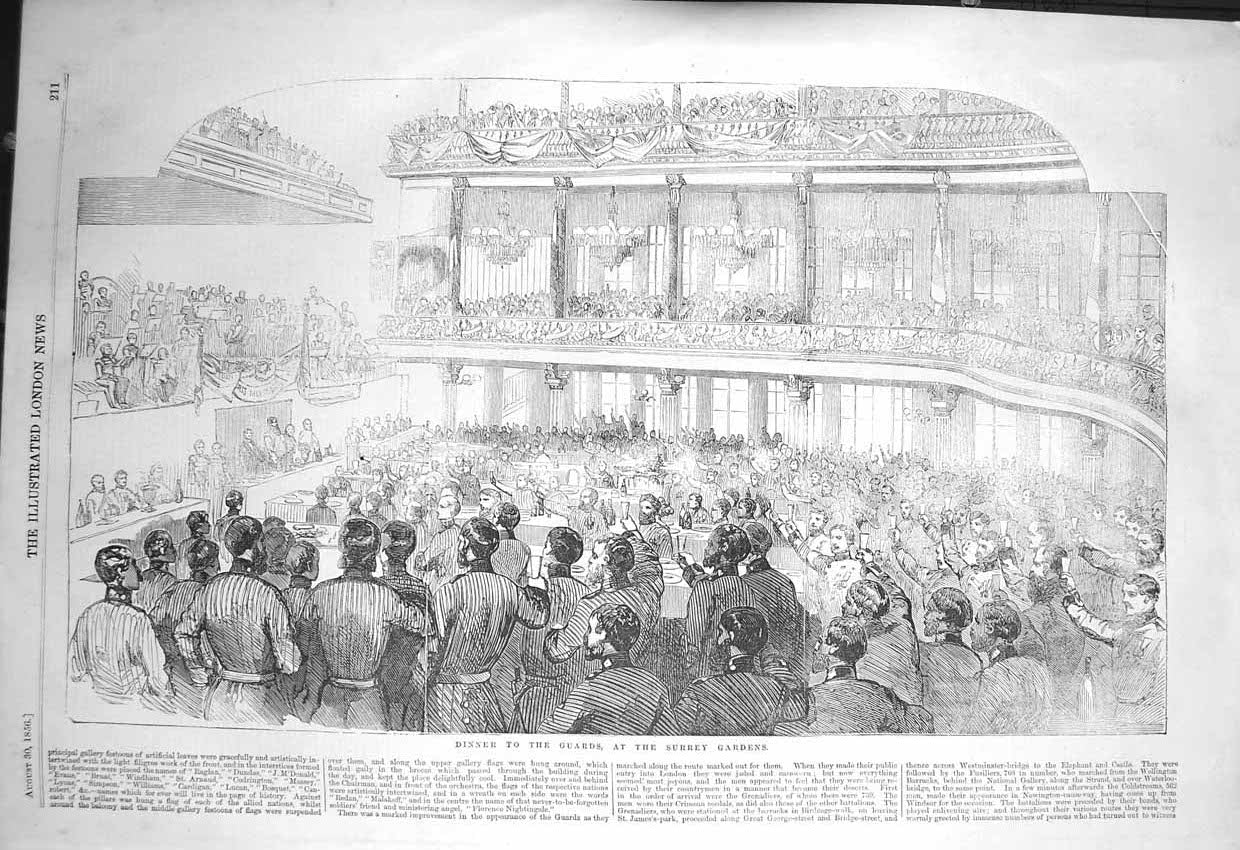 Original Old Antique Print 1856 Dinner Guards Surrey Gardens Men Banquet 19th
