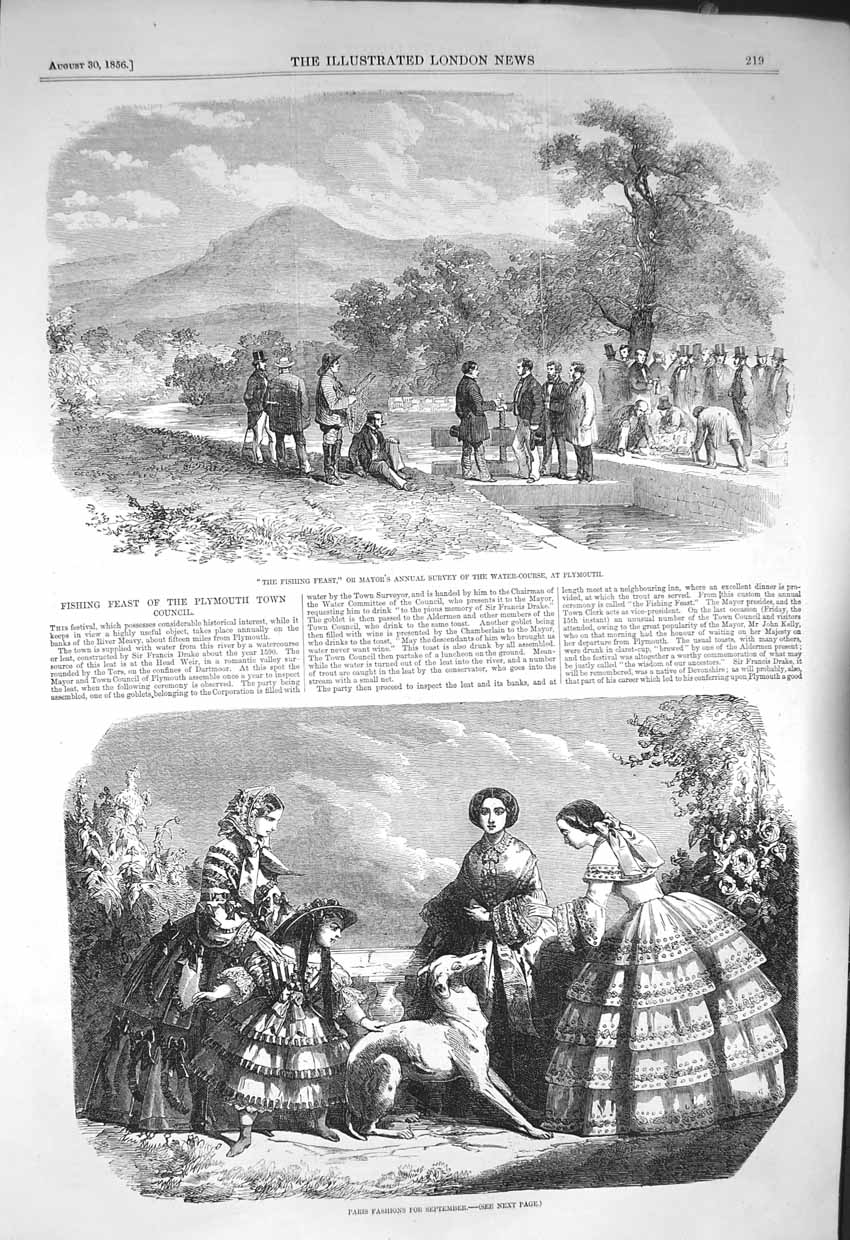Original Old Antique Print 1856 Fishing Mayor Survey Plymouth Paris Fashion