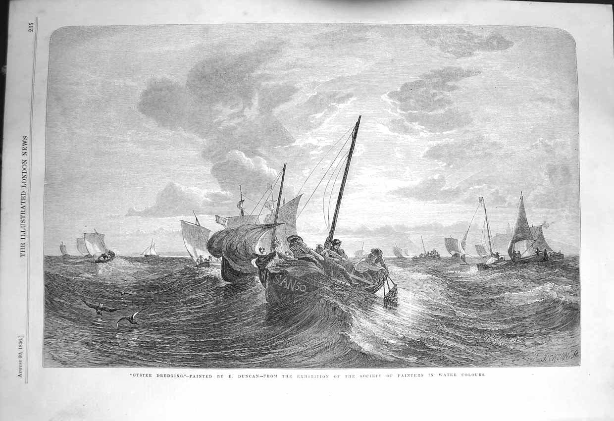 Original Old Antique Print 1856 Oyster Dredging Fishing Boats Sea Fine Art 19th