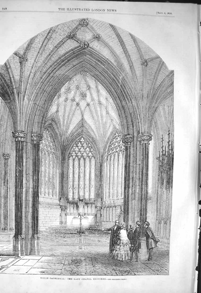 Original Old Antique Print 1856 Wells Cathedral Lady Chapel Architecture 19th