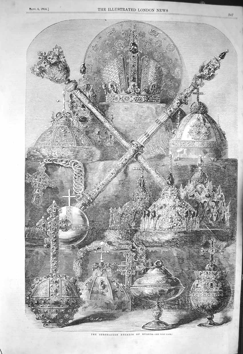 Original Old Antique Print 1856 Coronation Regalia Russia Crown Jewels 19th