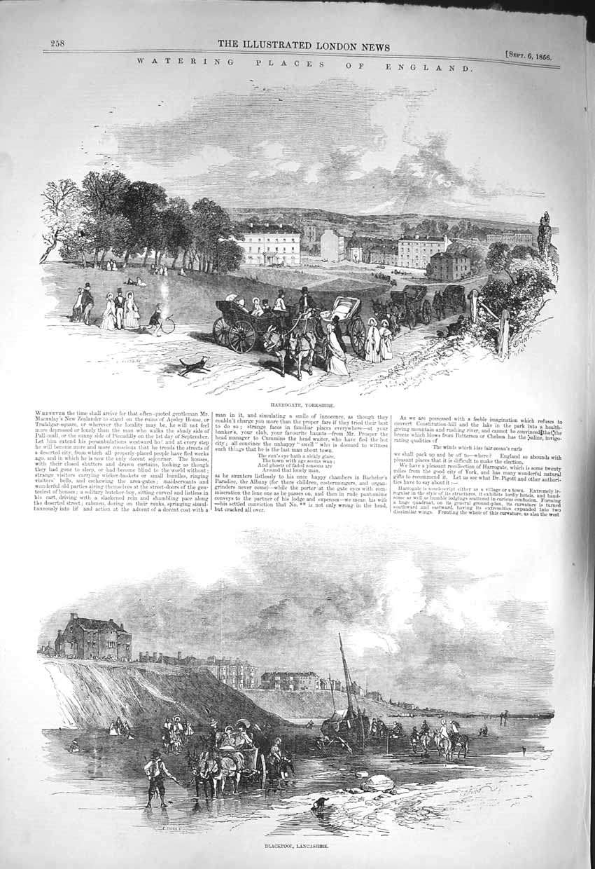 Old Antique Print 1856 Harrogate Yorkshire England Blackpool Lancashire 19th