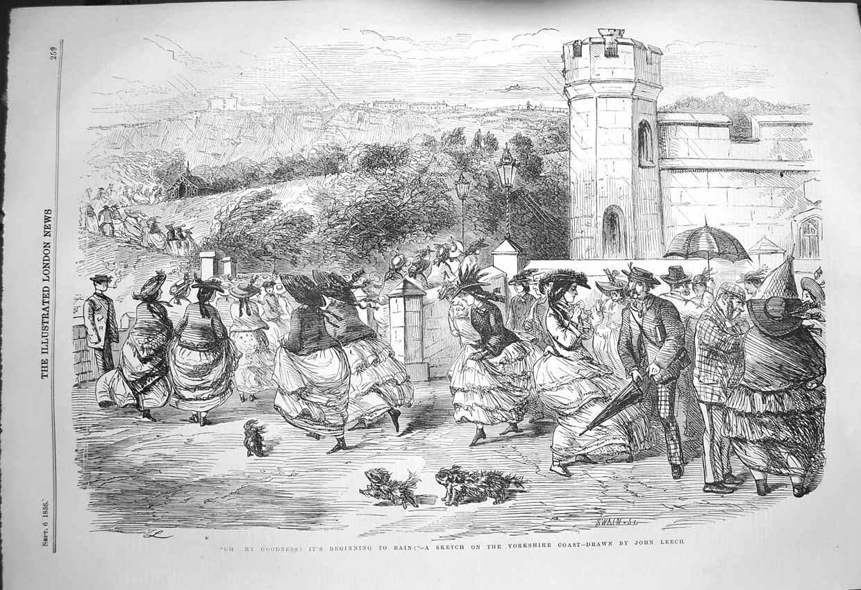 Original Old Antique Print 1856 Summer Rain Yorkshire Coast Umbrellas Victorian