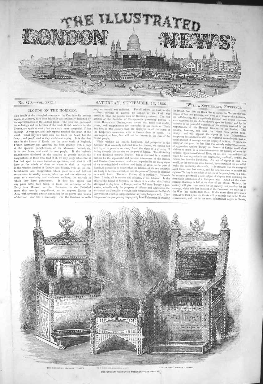 Original Old Antique Print 1856 Russian Coronation Thrones Emperor Diamond Gen