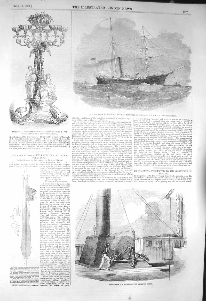 Original Old Antique Print 1856 American Ship Arctic Patent Sounding Apparatus