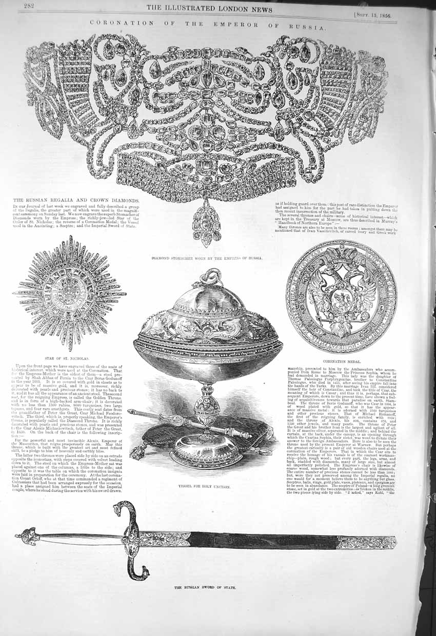 Original Old Antique Print 1856 Coronation Emperor Russia Sword State Stomacher