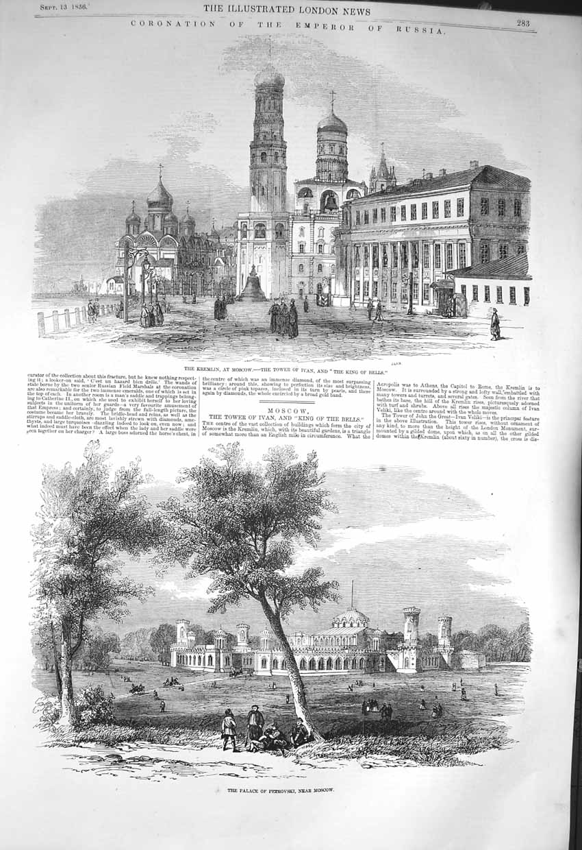 Antique Old Print *3235 1856 Kremlin Moscow Tower Ivan King Bells Petrovski