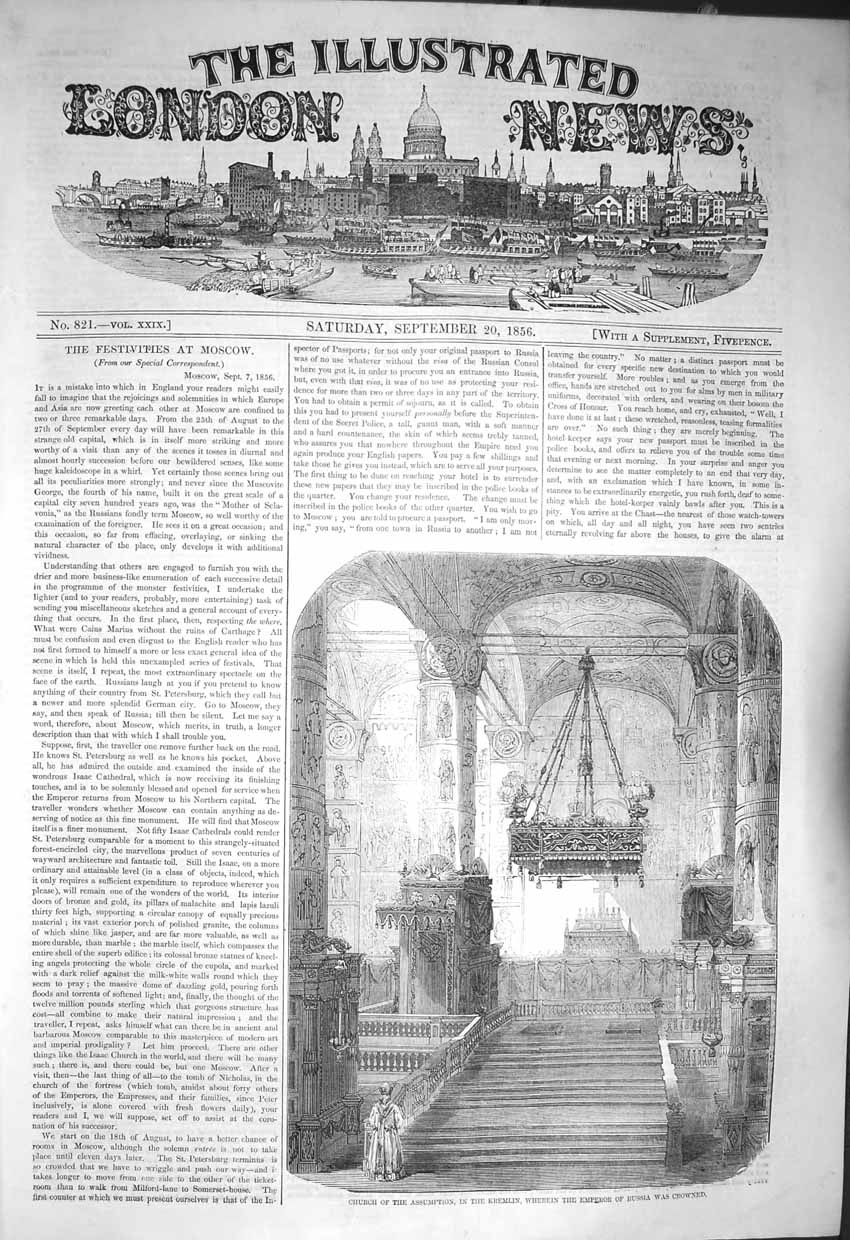 Old Antique Print 1856 Church Assumption Kremlin Emperor Russia Crowned 19th
