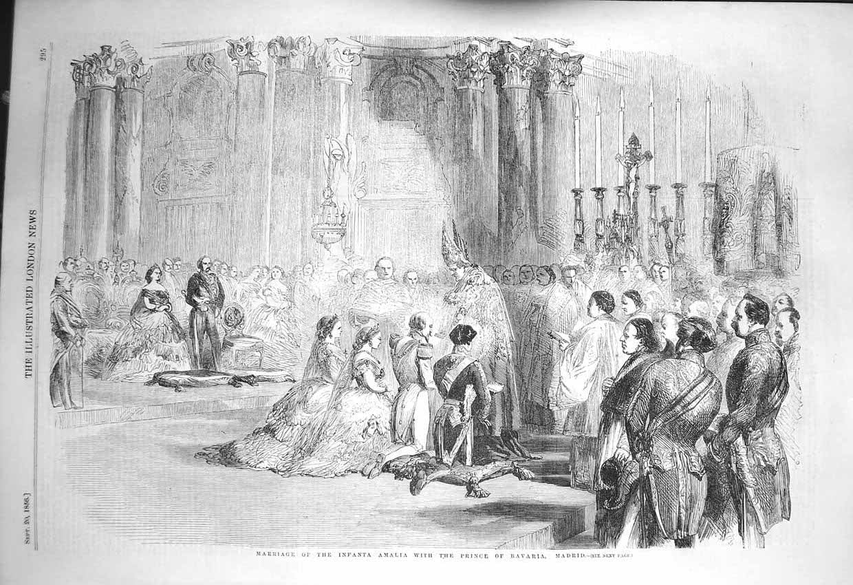 Antique Old Print *3220 1856 Marriage Infanta Amalia Prince Bavaria Madrid