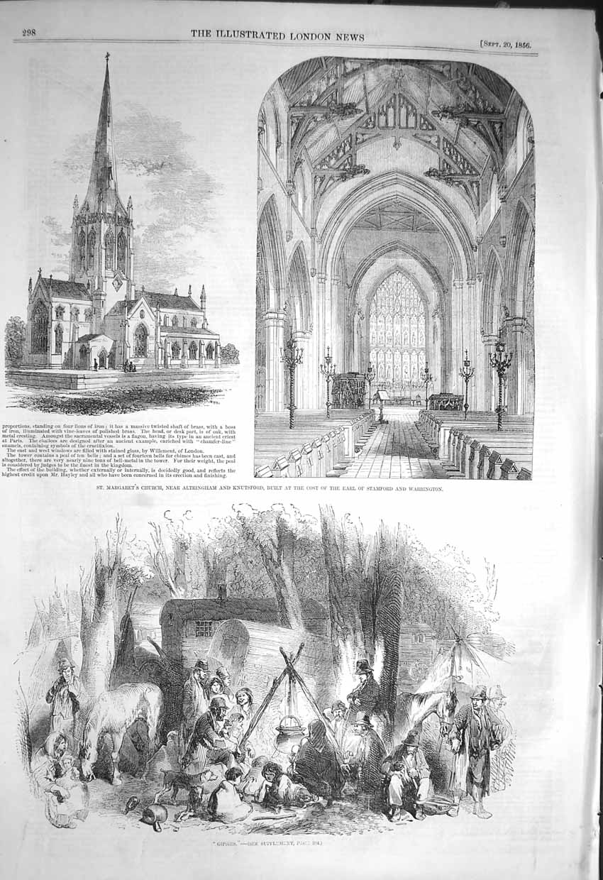 Old Antique Print 1856 Margaret'S Church Altringham Earl Stamford Gipsies 19th