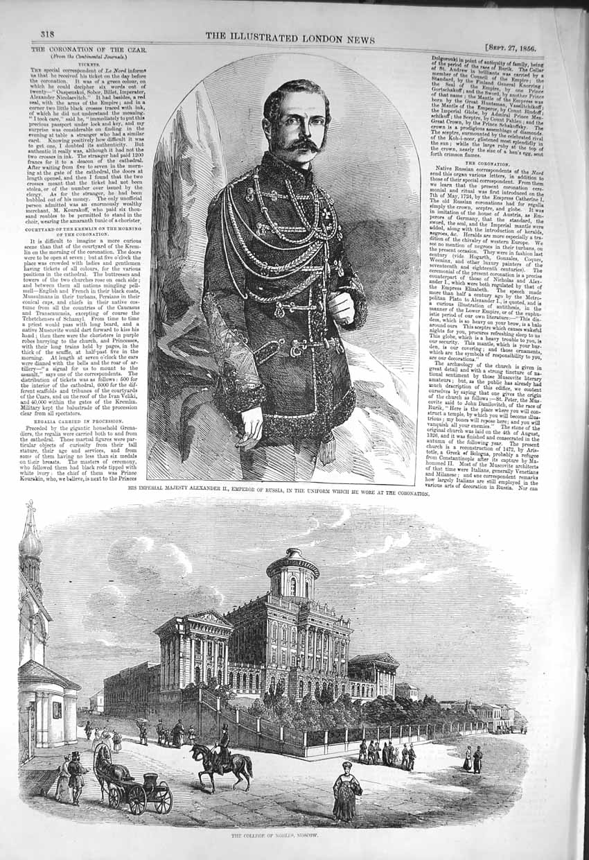 Original Old Antique Print 1856 Alexander Emperor Russia College Norles Moscow