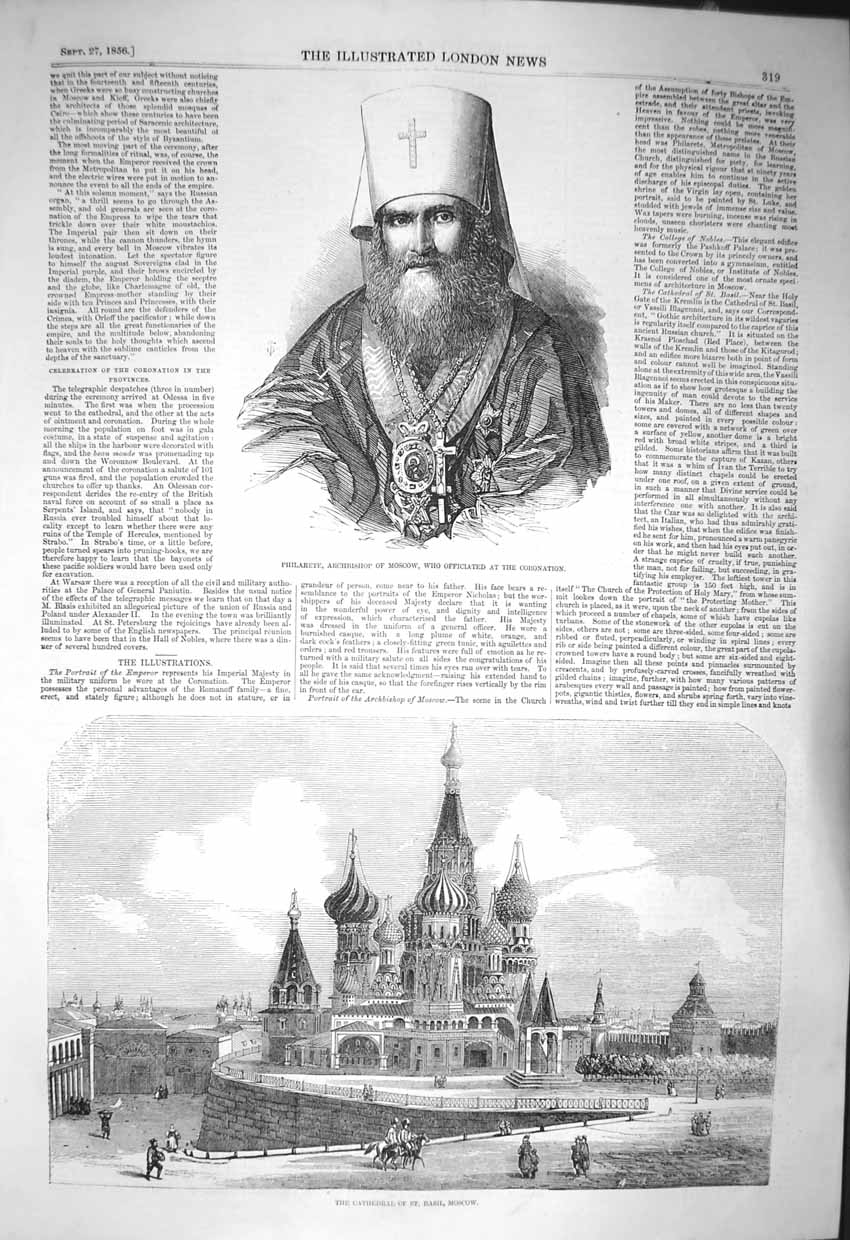 Original Old Antique Print 1856 Philarete Archbishop Moscow Cathedral St 19th