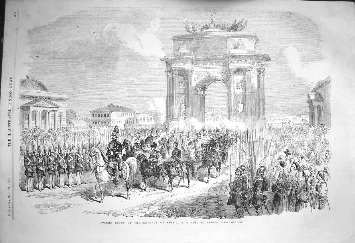 Old Antique Print 1856 Solemn Entry Emperor Russia Moscow Horses Guards 19th