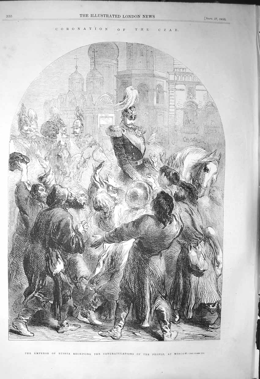 Original Old Antique Print 1856 Coronation Russia Czar Moscow Archbishop Crown