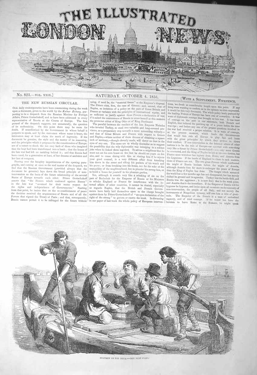 Original Old Antique Print 1856 Scene Boatmen Neva River 19th Century