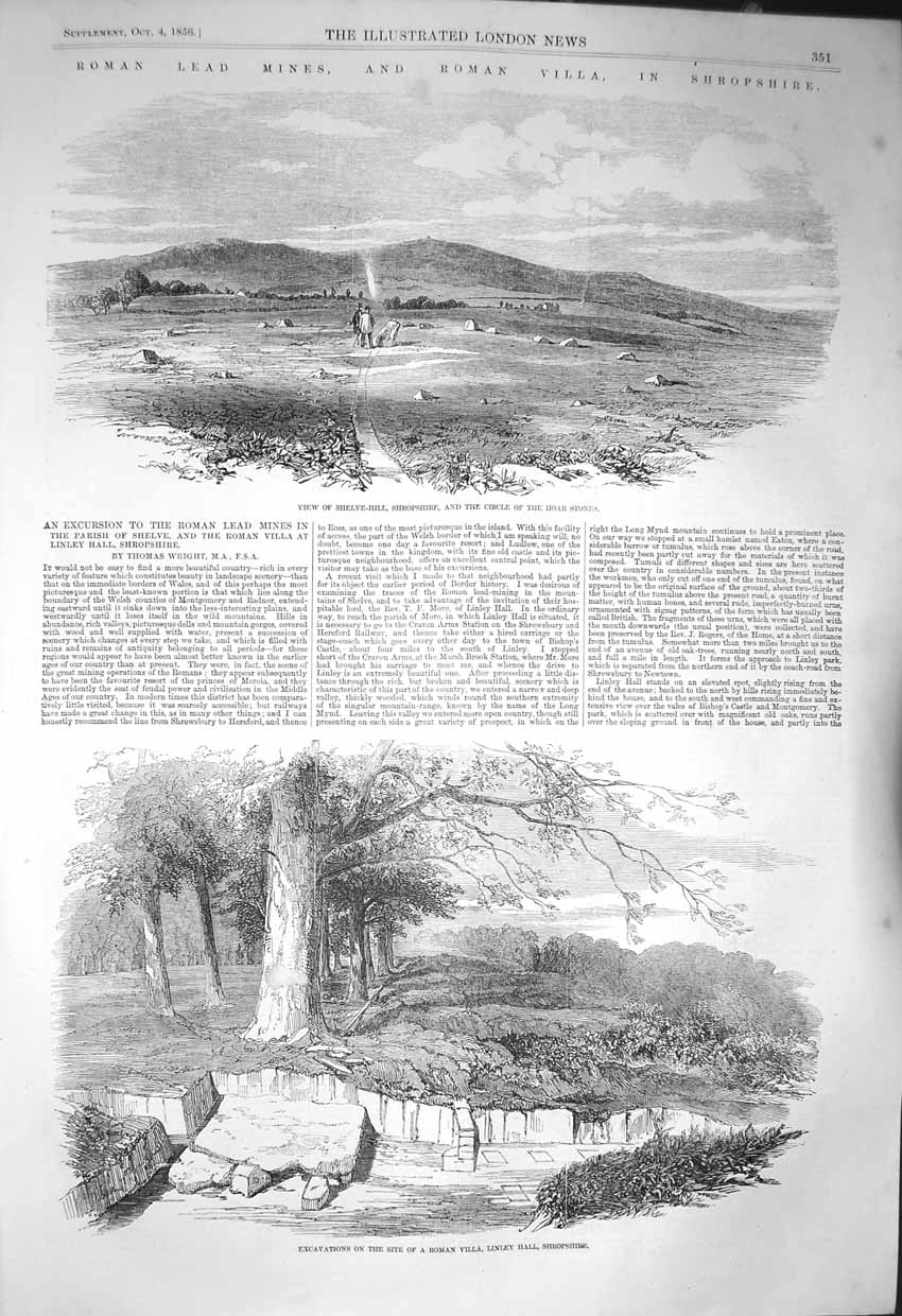 Original Old Antique Print 1856 Roman Mines Shelve-Hipp Shropshire Villa 19th