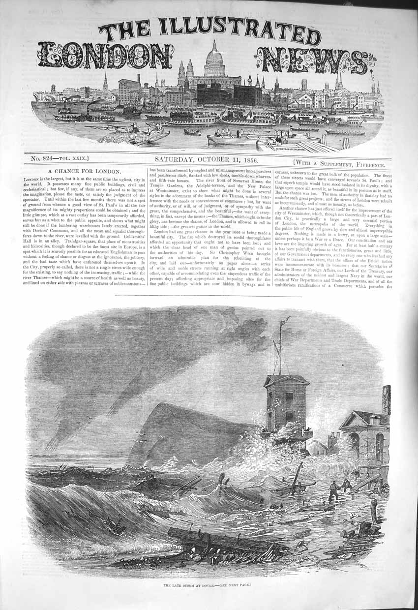 Original Old Antique Print 1856 Fine Art Scene Storm Dover Ship Wreck Victorian
