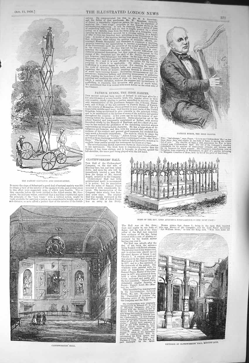 Old Antique Print 1856 Patrick Byrne Irish Harper Clothworkers Augustus 19th