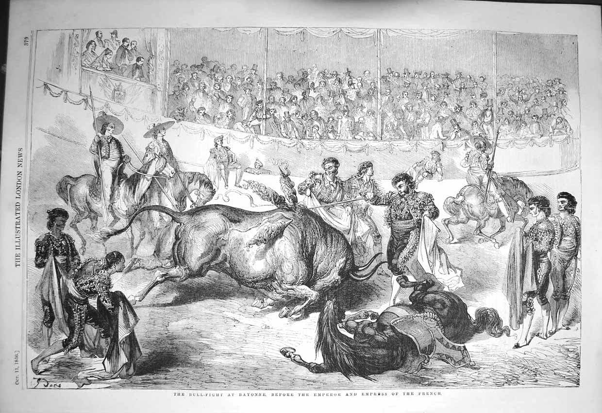Original Old Antique Print 1856 Bull-Fight Bayonne Emperor Empress French Sport