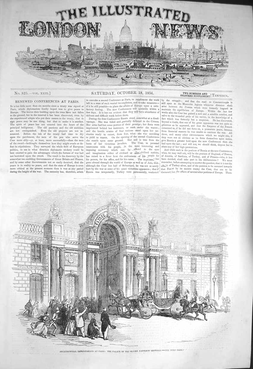 Original Old Antique Print 1856 Architecture Paris Palace Elysee Napoleon 19th