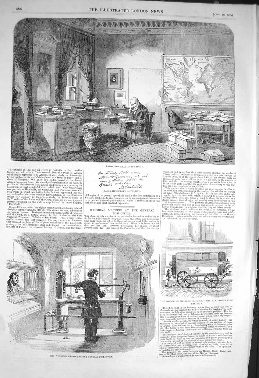 Original Old Antique Print 1856 Baron Humbt Study Weighing Machine Post Office