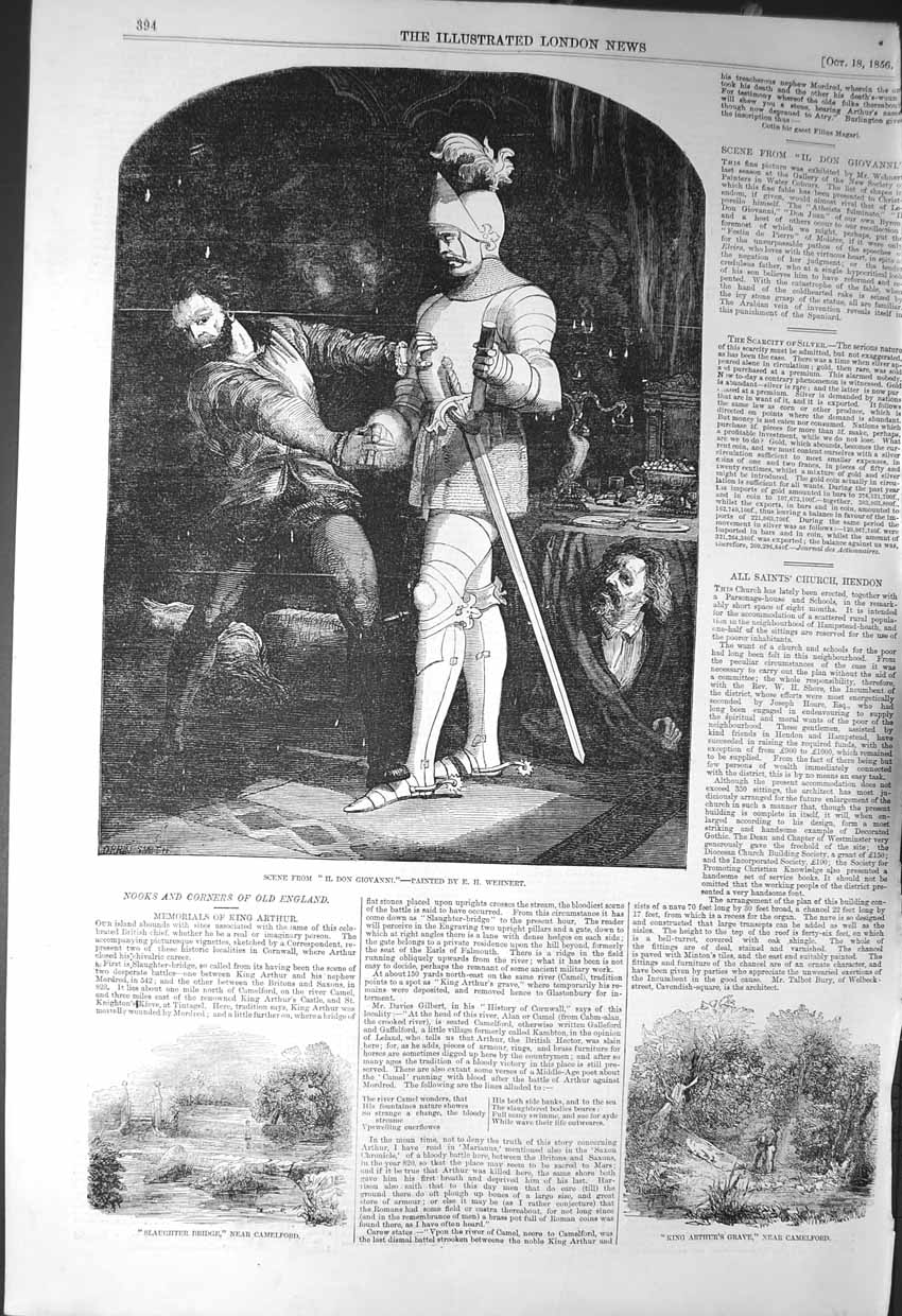 Old Antique Print 1856 Don Giovanni Theatre King Arthur Grave Camelford 19th