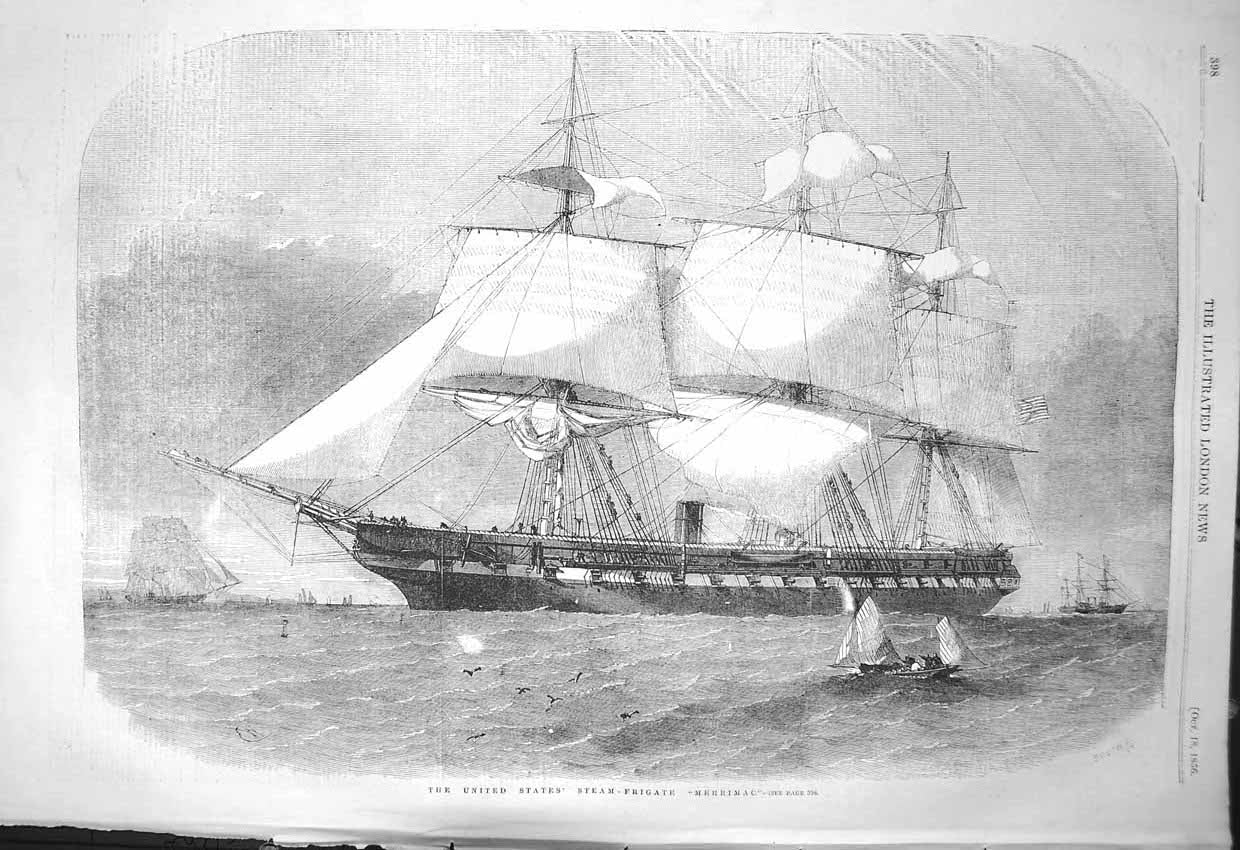 Original Old Antique Print 1856 United States Steam Frigate Merrimac Ship 19th