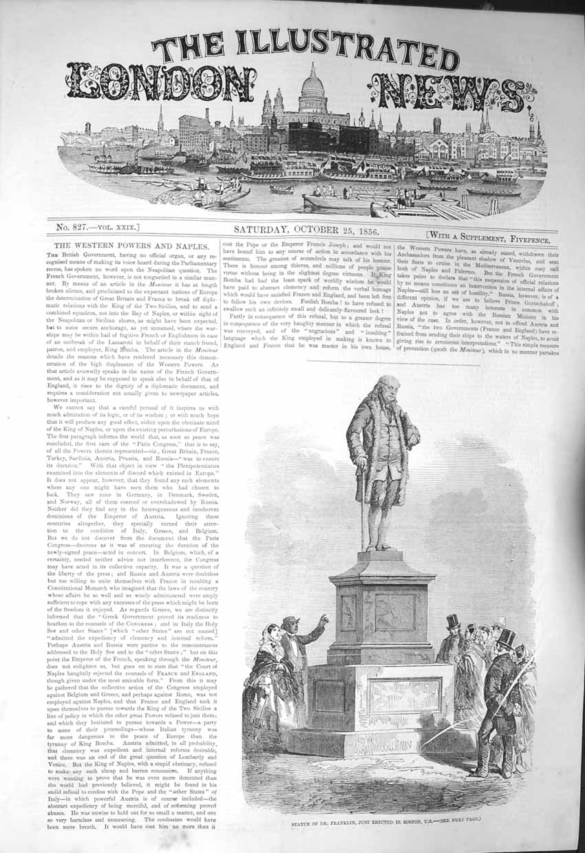 Old Antique Print 1856 Statue Dr. Franklin Boston United States America 19th
