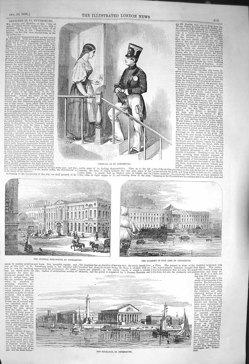 Old Antique Print 1856 Postman Petersburg Post Office Academy Fine Arts 19th