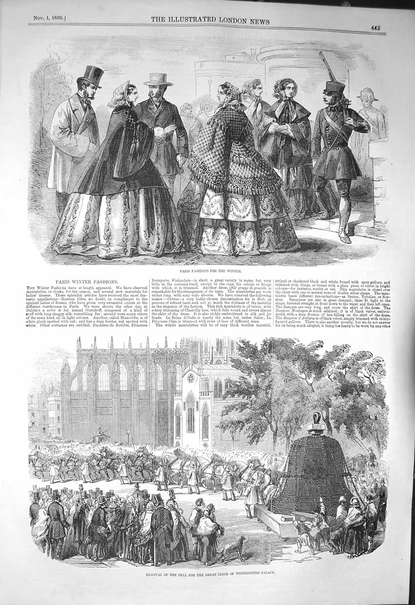 Old Antique Print 1856 Paris Fashion Removal Bell Great Clock Westminster 19th