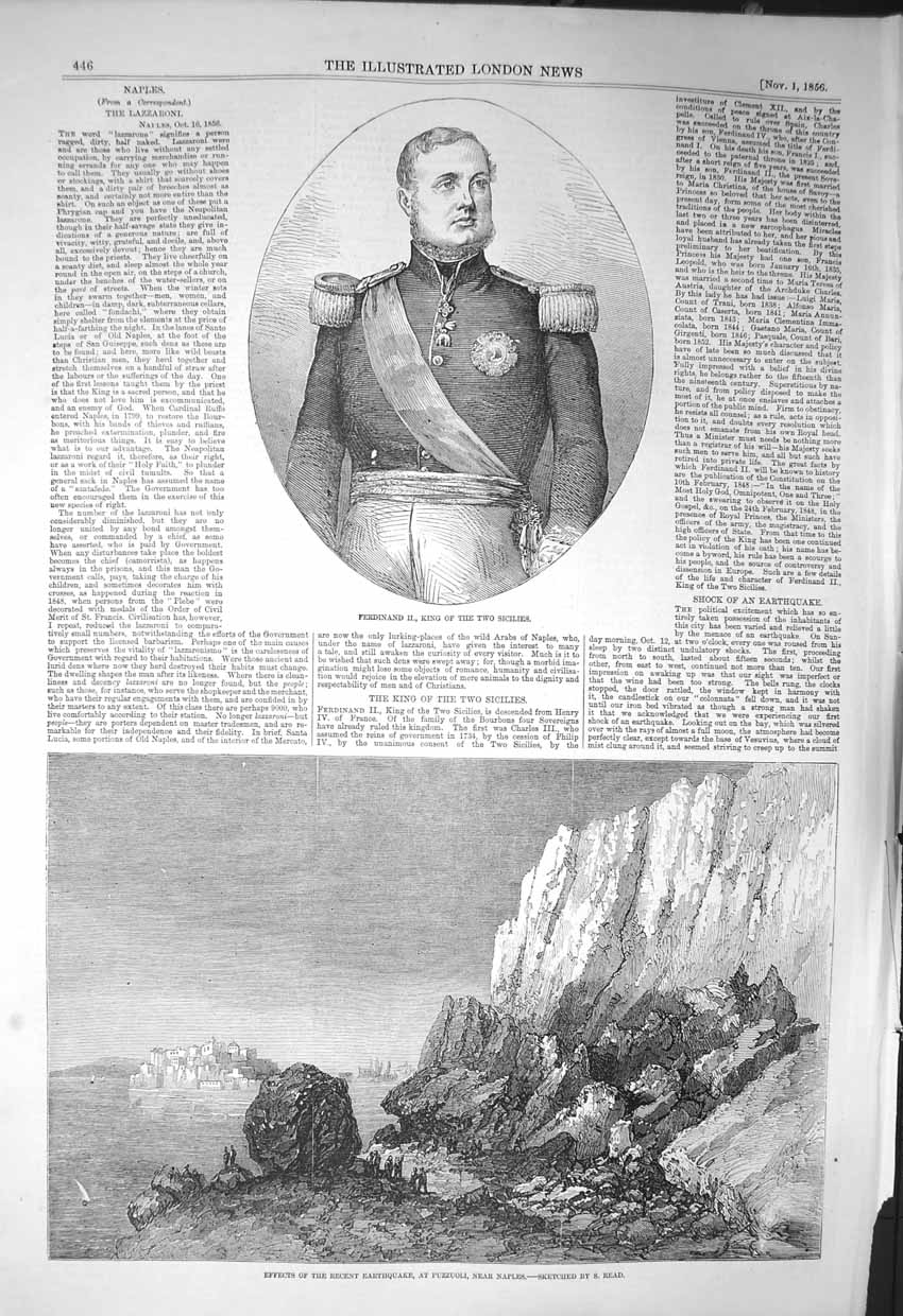 Old Antique Print 1856 King Sicilies Ferdinand Earthquake Puzzuoli Naples 19th