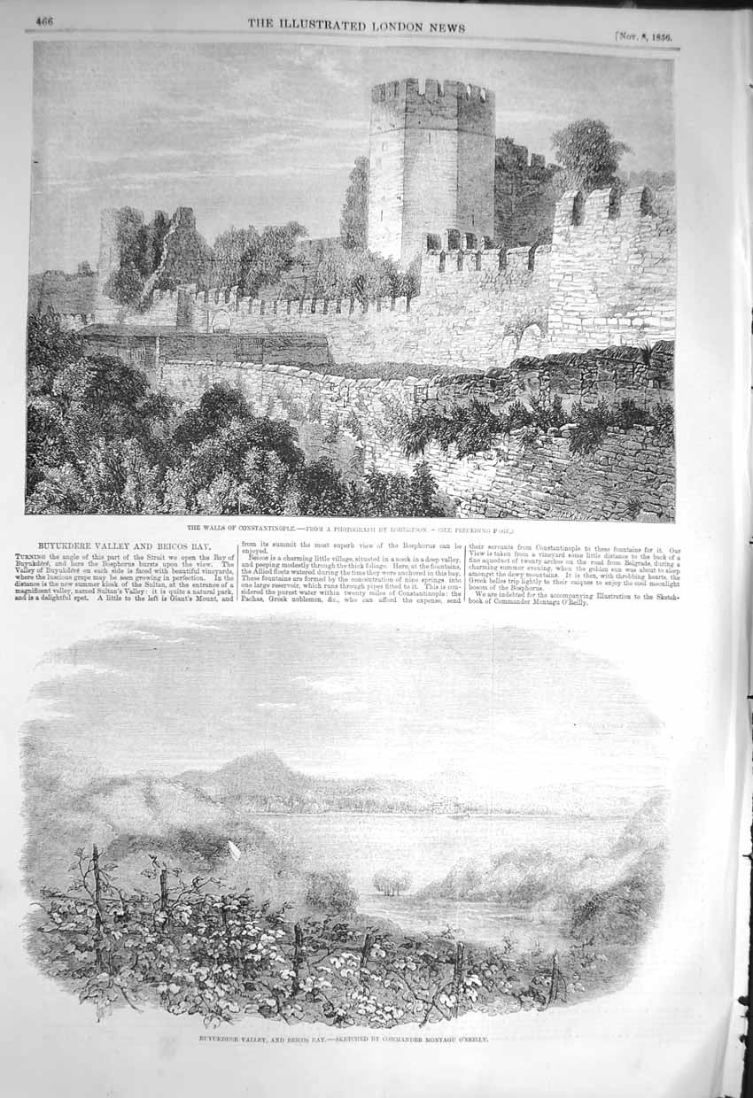 Old Antique Print 1856 Walls Constantinople Buyukdere Valley Beicos Bay 19th