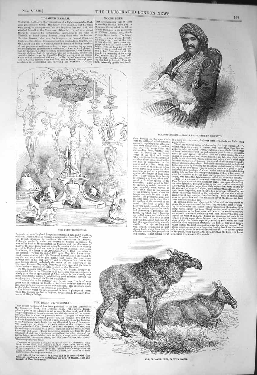 Original Old Antique Print 1856 Hormuzd Rassam Dunn Testimonial Elk Moo 19th
