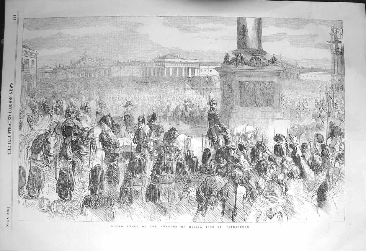 Original Old Antique Print 1856 Grand Entry Emperor Russia St. Peterburg Russia