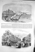 Original Old Antique Print 1856 Gaeta Royal Palace Naples Villa Reale Promenade