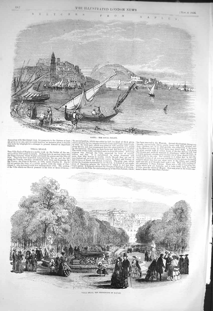 Original Old Antique Print 1856 Gaeta Royal Palace Naples Villa Reale Promenade