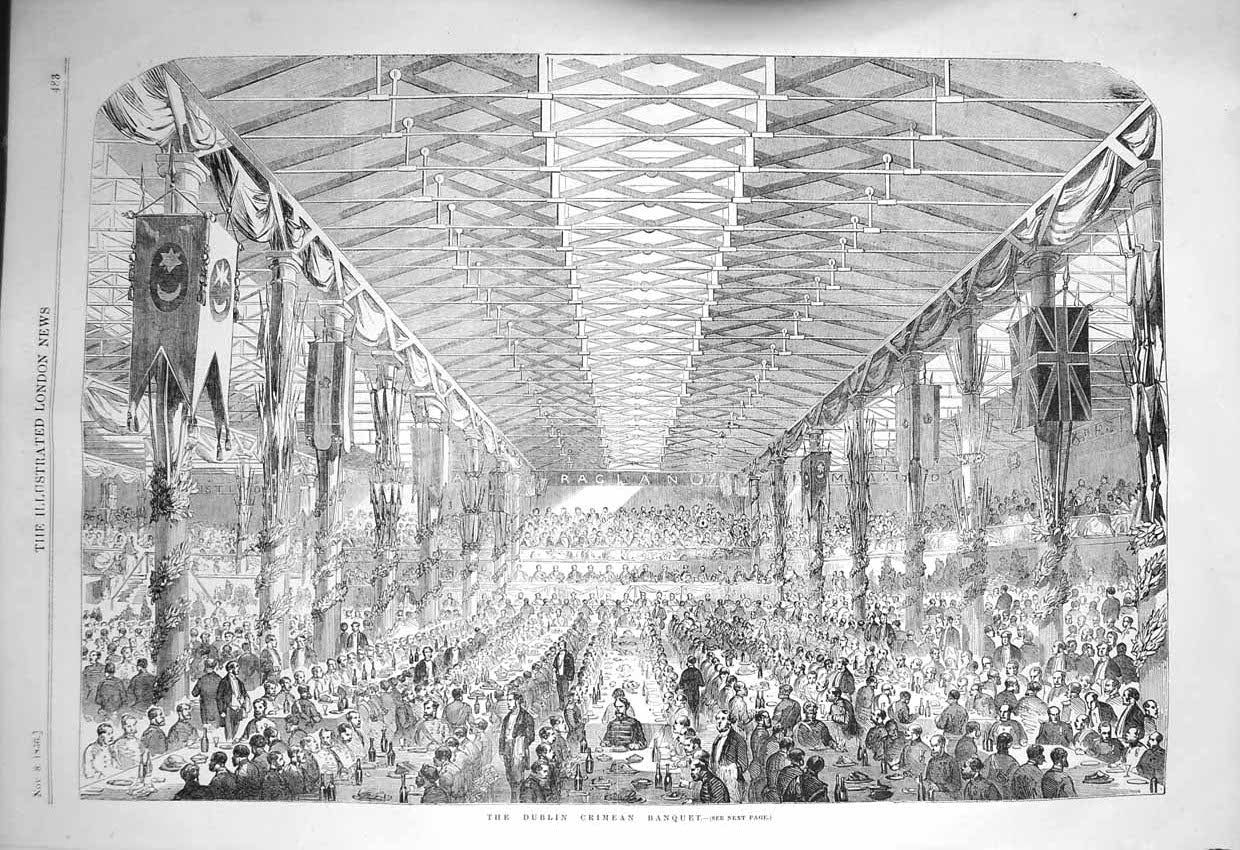 Old Antique Print 1856 Dublin Crimean Banquet Men Meeting Dinner Fine Art 19th