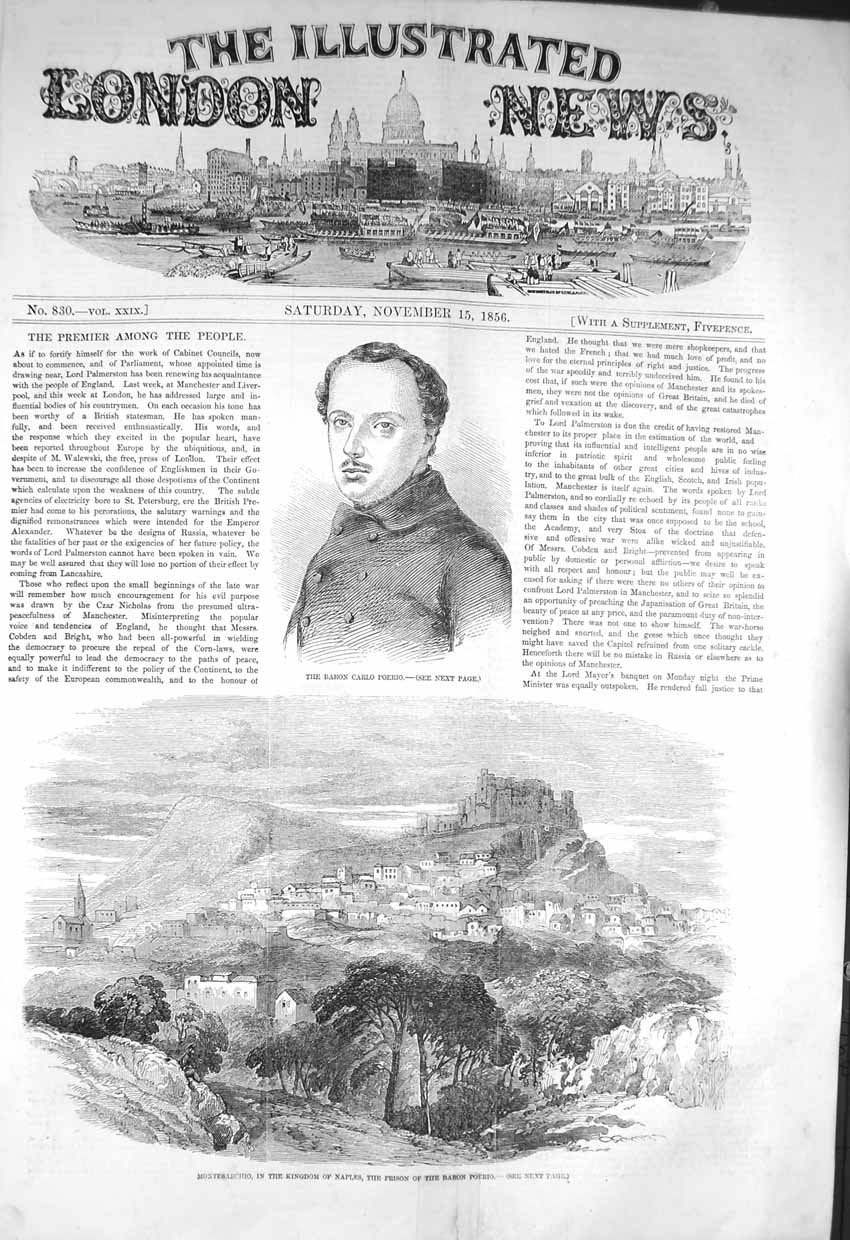 Original Old Antique Print 1856 Baron Carlo Poerio Montesarchio Naples Prison