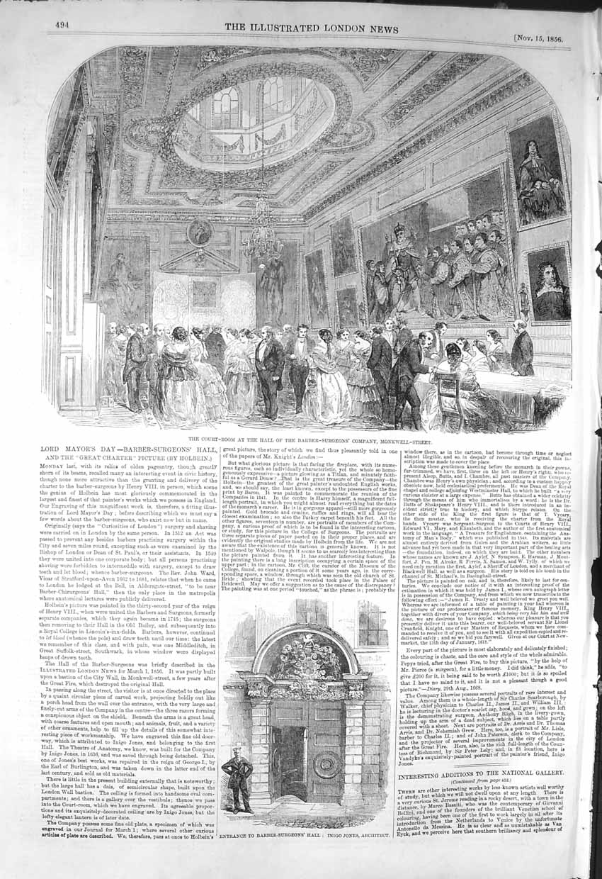 Original Old Antique Print 1856 Court Room Barber Surgeons Monkwell Inigo Jones