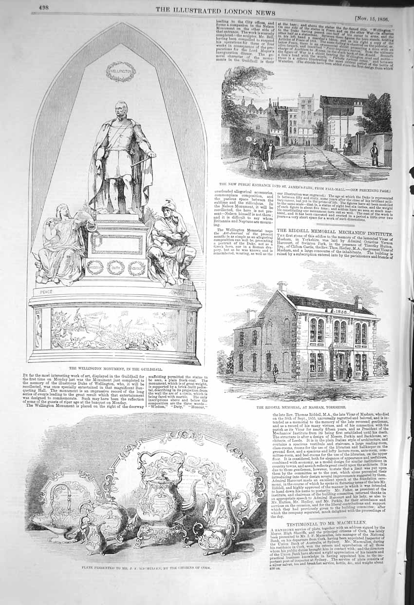 Old Antique Print 1856 Wellington Monument Guildhall James'S Park Riddell 19th