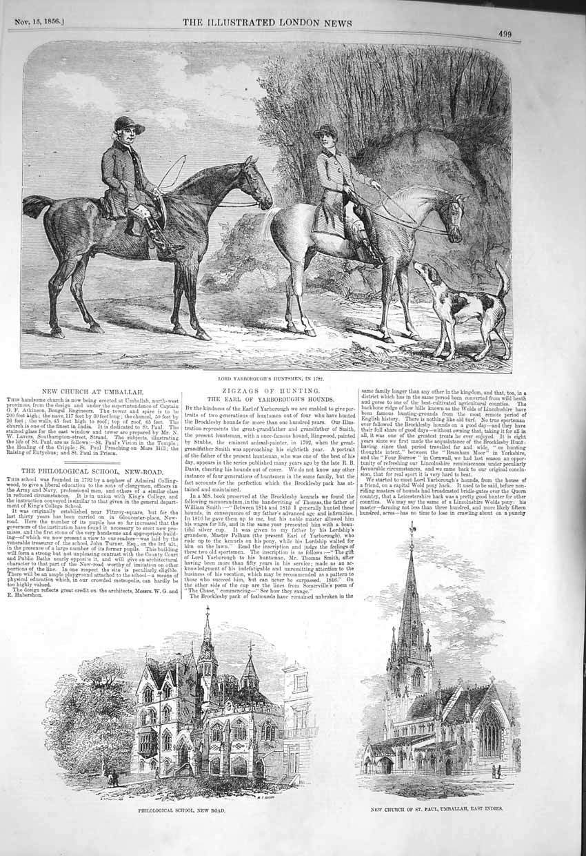 Original Old Antique Print 1856 Yarborough Huntsmen Church Philological School