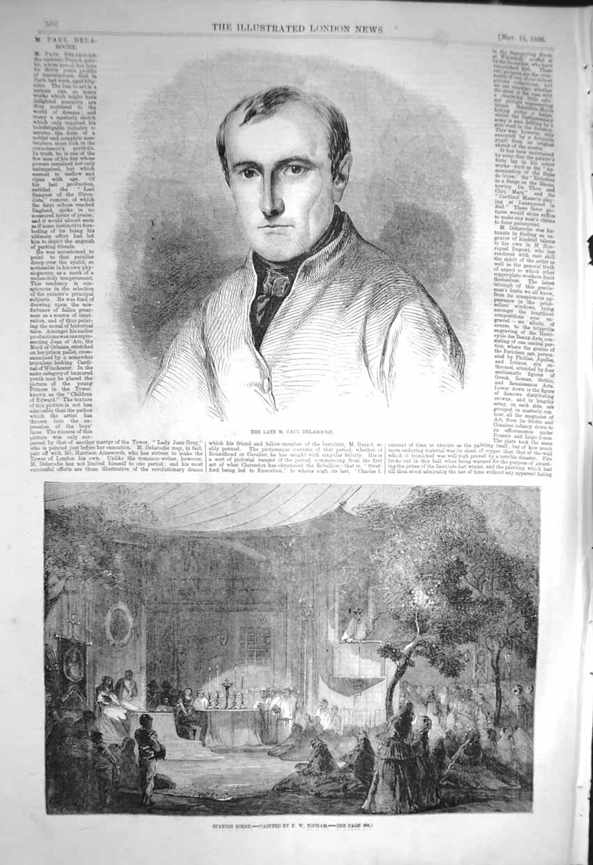Original Old Antique Print 1856 Portrait Paul Delaroche Spanish Scene Topham