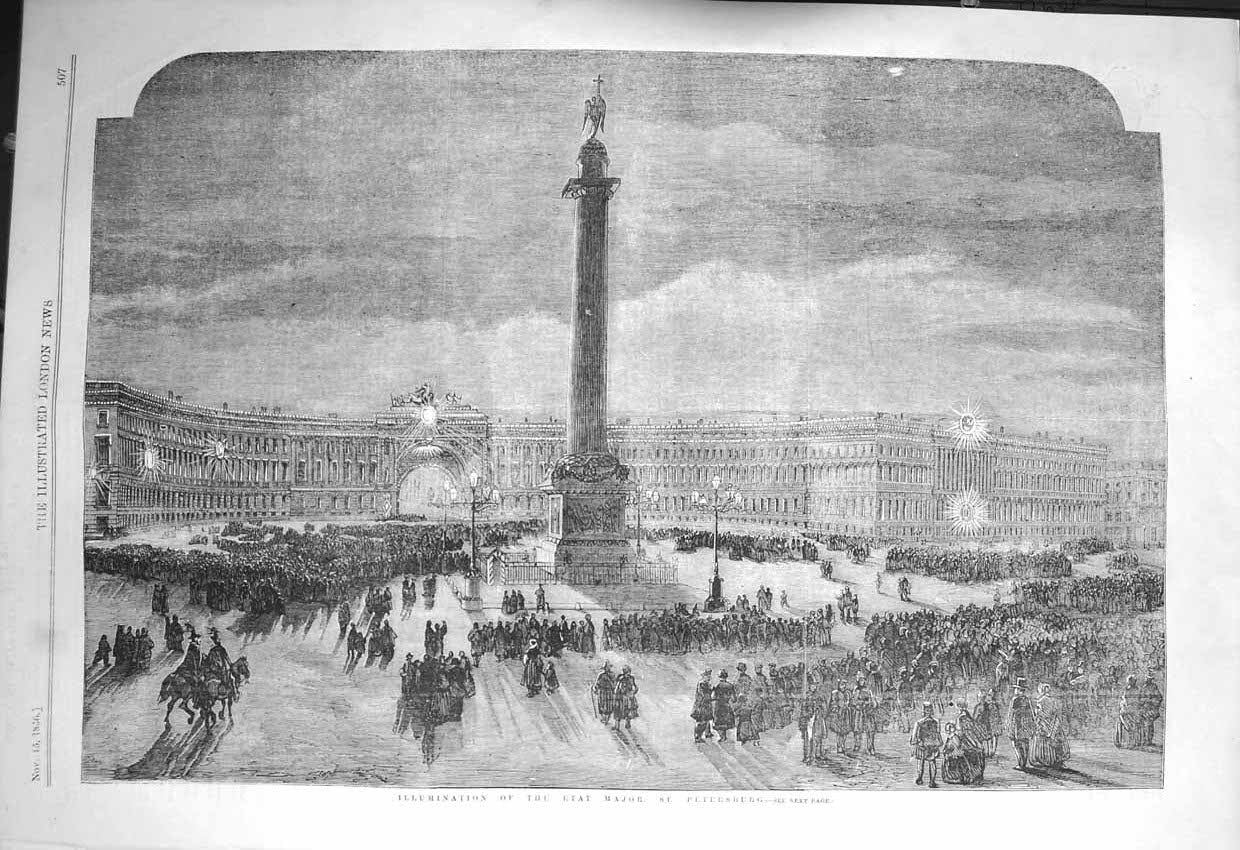 Original Old Antique Print 1856 Scene Illumination Etat Major Petersburg Russia