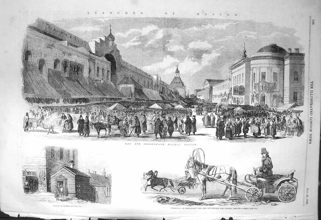 Original Old Antique Print 1856 Rag Secondhand Market Moscow Telascha Drosky